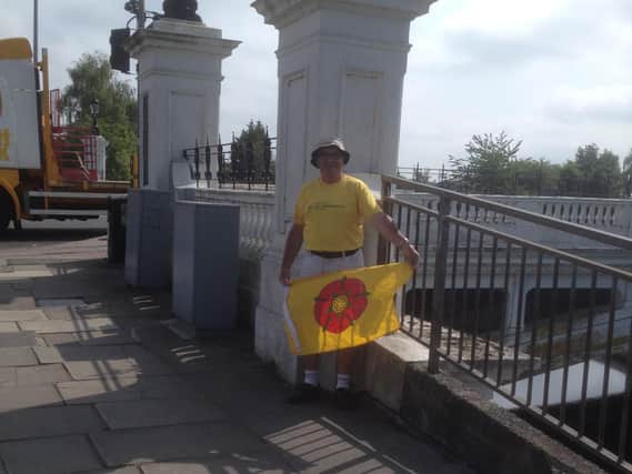 Philip Walsh, who walked the length of the Real Lancashire County Boundary,  at Warrington on the River Mersey