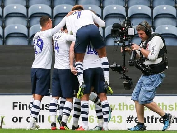 PNE players celebrate after Paul Gallagher gives them the lead against Stoke