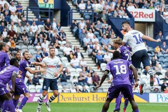 Andrew Hughes heads over the bar for Preston in their 2-2 draw with Stoke