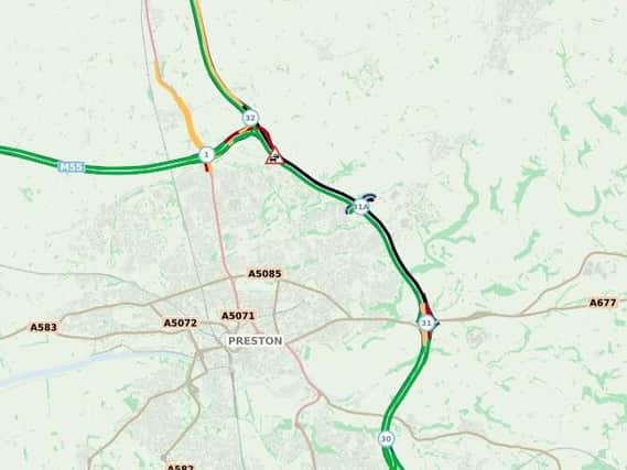 The Highways England map shows severe traffic congestion in the area