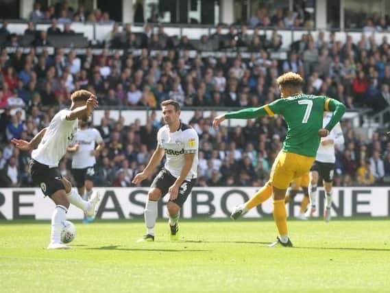 Callum Robinson goes for goal at Pride Park