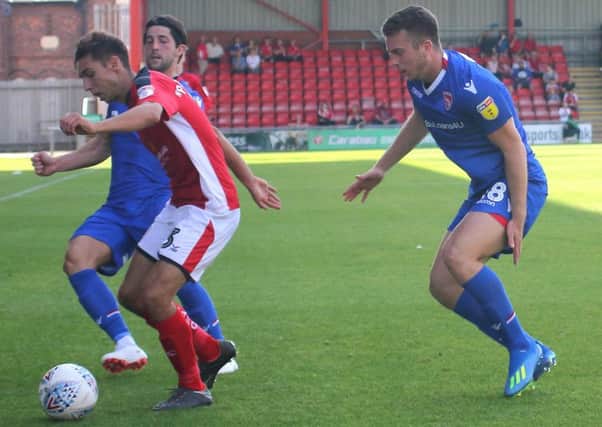 Rhys Oates was one of several Morecambe players who could have scored against Oldham Athletic