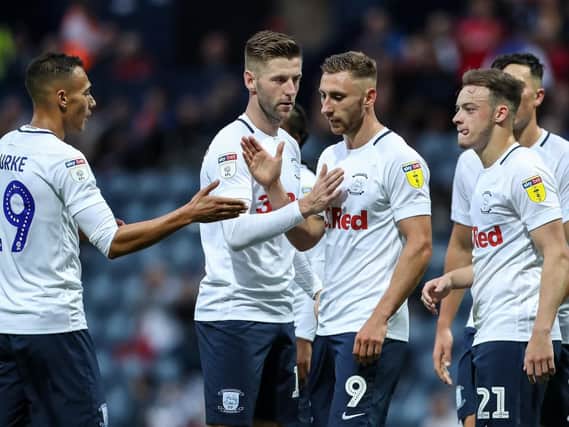 Preston North End's Louis Moult celebrates after scoring his side's second goal in the Carabao Cup First Round against Morecambe