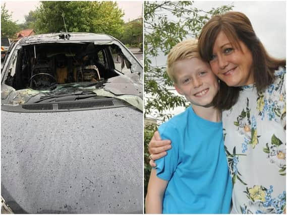 Claire Blackwell with son Oliver, nine, from Fulwood, Preston, is warning parents not to leave children in their car, after her car went up in flames as she bought a bottle of milk