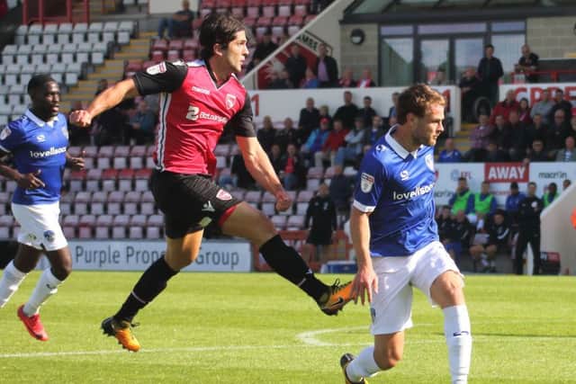 Zak Mills was one of several Morecambe players who came close to scoring against Oldham Athletic
