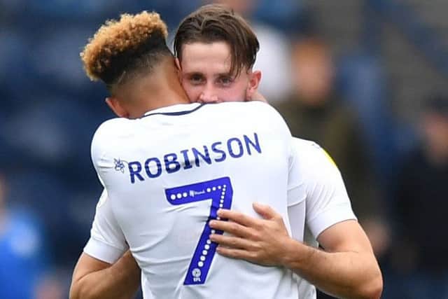 Alan Browne is congratulated by Callum Robinson after scoring against Bolton at Deepdale