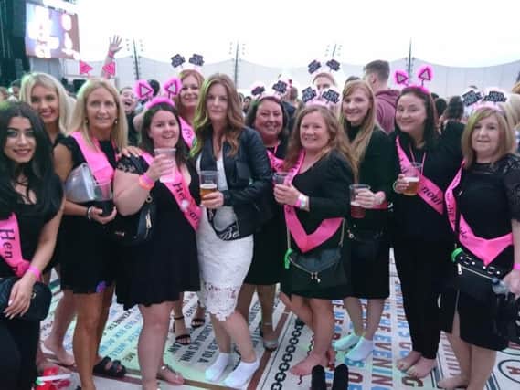 Laura Bulloch, centre in white, and her hens at Britney Spears Blackpool gig on Saturday