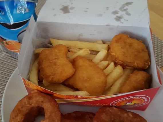 Kids nugget meal - fries, chicken nuggets and drink, with side order of onion rings
