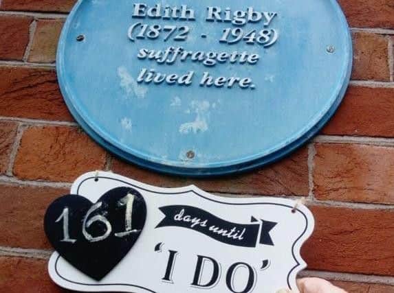 Bobby Swain's wedding photo countdown. At the Edith Rigby plaque in Winckley Square