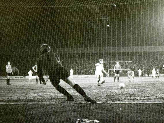 Alex Bruce scores from the penalty spot against Colchester in 1978