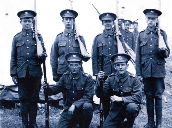 Pte Sam Oliver, 18, standing second from right, is one of 102 men from the 1/4th Kings Own Royal Lancaster Regiment who fell at Guillemont and have no known grave