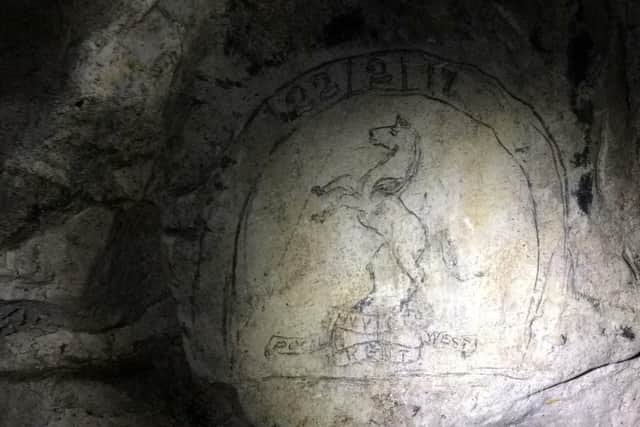 Etching by a First World War soldier in the caves beneath Bouzincourt