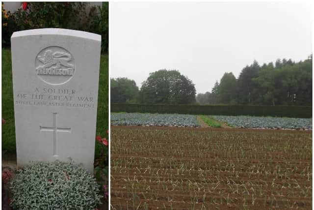 Grave of an unidentified soldier of the Kings Own Royal Lancaster Regiment at Tyne Cot Cemetery, Ieper, Belgium and, right, Little cemetery used by the 1/5th Kings Own Royal Lancaster Regiment at Polygon Wood, Ypres, Belgium