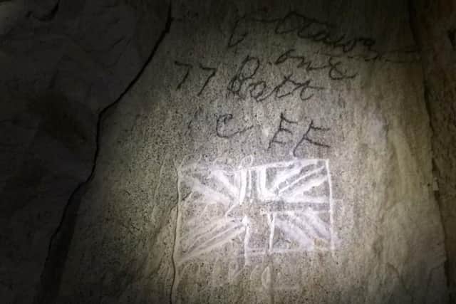 Etching by a First World War soldier in the caves beneath Bouzincourt