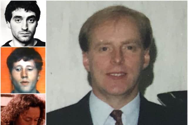 Main picture, detective constable Steve Moorcroft. From left top, to bottom, James Gibson, Leonard Newsham and Sharon Crawford