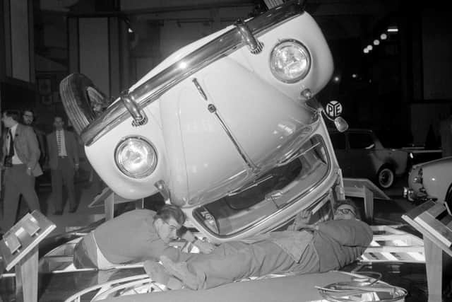 Volkswagen Beetle displayed in an unusual way at the 1962 London Motor Show