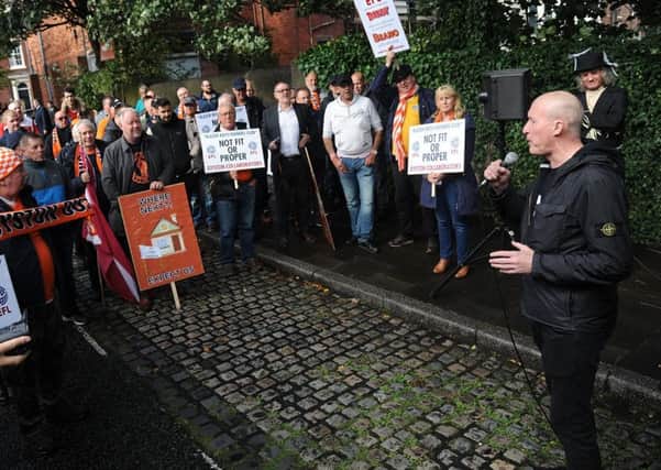 Blackpool FC supporters gathered outside the English Football League's (EFL) headquarters in Preston to protest about the continuing ownership of the club by the Oyston family.
Andy Higgins addresses the protestors. PIC BY ROB LOCK
14-9-2018