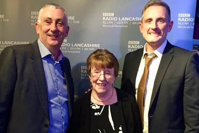 Margaret Sherlock, of Chorley, wins community hero award at the BBC Radio Lancashire Community Hero Awards. She is pictured with MP Lindsay Hoyle and Radio Lancashire presenter Graham Liver.