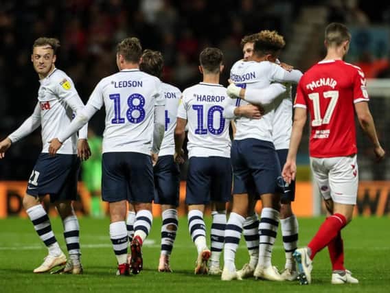 Preston's players celebrate Tom Barkhuizen's goal against Middlesbrough