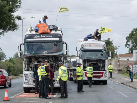 The frackers protest on top of the lorries
