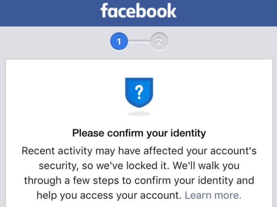 Screen grab taken from Facebook of a warning message sent to users after the social network has said it recently discovered a security breach affecting nearly 50 million user accounts. P