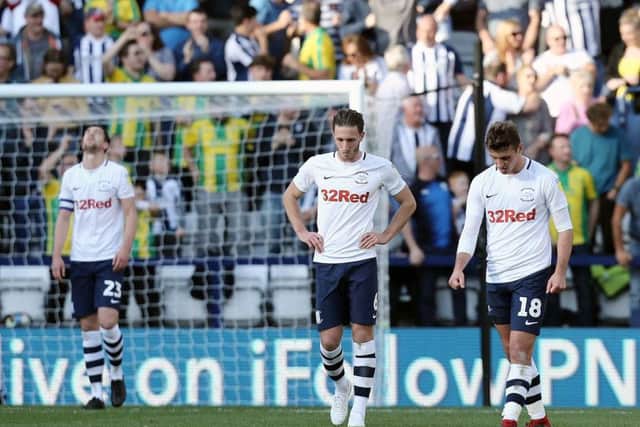 Paul Huntington, Ben Davies and Ryan Ledson look dejected after PNE conceded the second goal against West Brom
