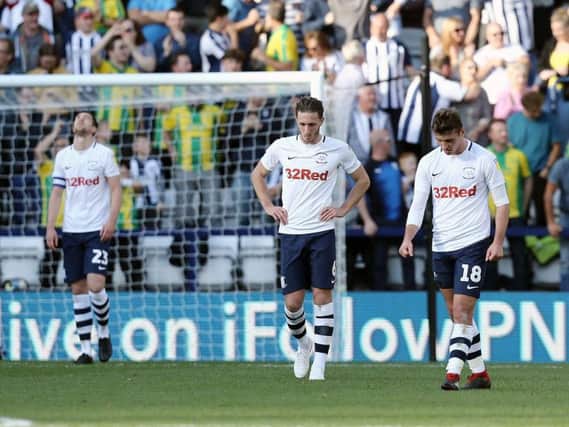 Paul Huntington, Ben Davies and Ryan Ledson look dejected after PNE conceded the second goal against West Brom