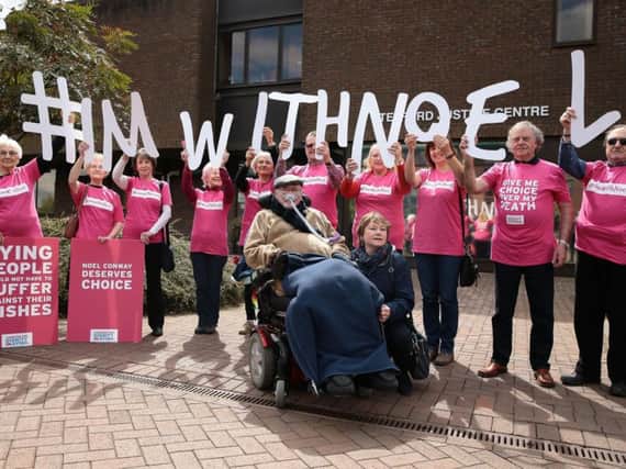 Terminally-ill Noel Conway with his wife Carol and supporters outside Telford Justice Centre in Shropshire, where he is due to view a video link of a hearing in his assisted dying case, taking place at the Court of Appeal in London. PRESS ASSOCIATION Photo. Picture date: Tuesday May 1, 2018. See PA story COURTS Conway. Photo credit should read: Aaron Chown/PA Wire
