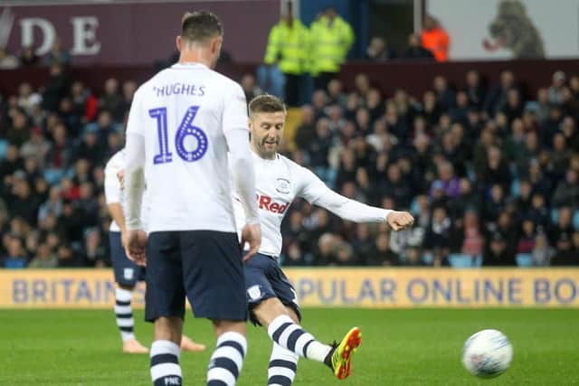 Paul Gallagher fires home his free-kick against Aston Villa