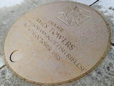 Plaque unveiled for James Towers VC in front of the war memorial in the Flag Market, Preston