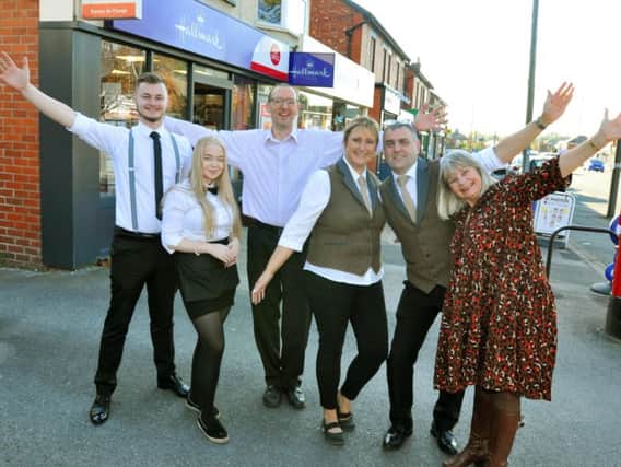 Josh Heathcock and Charlotte Partington from Lime Bar, postmaster Andrew Gaunt, Sylvia Holmes and Paul Richardmond from Bonbons coffee bar and Jules Emmett from McGrath's blinds and curtains, 
Independent traders celebrate their high street, for the Love Your High Street campaign, Liverpool Road, Penwortham.