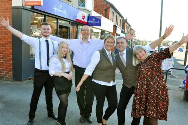 Josh Heathcock and Charlotte Partington from Lime Bar, postmaster Andrew Gaunt, Sylvia Holmes and Paul Richardmond from Bonbons coffee bar and Jules Emmett from McGrath's blinds and curtains, 
Independent traders celebrate their high street, for the Love Your High Street campaign, Liverpool Road, Penwortham.