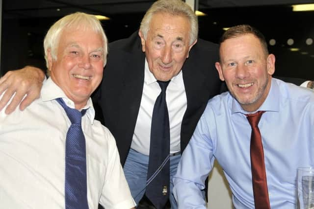 Duncan McKenzie, Eric Jones and Lea Roberts at the PNE Former Players' Association annual sportsman's dinner