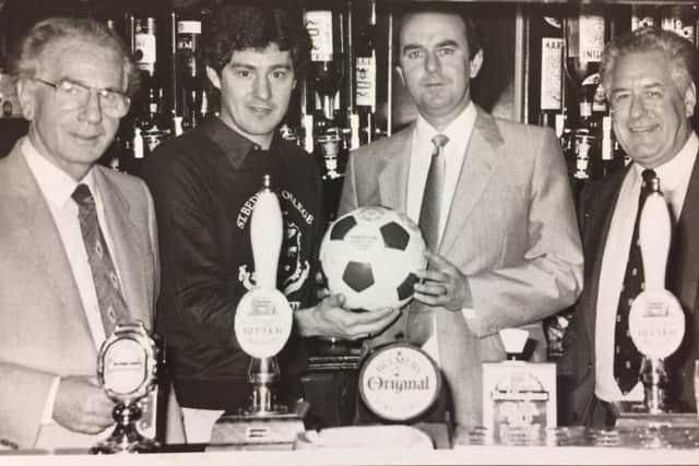 Brian Ballentine (second right) with PNE manager Brian Kidd at the Sumners in 1985.