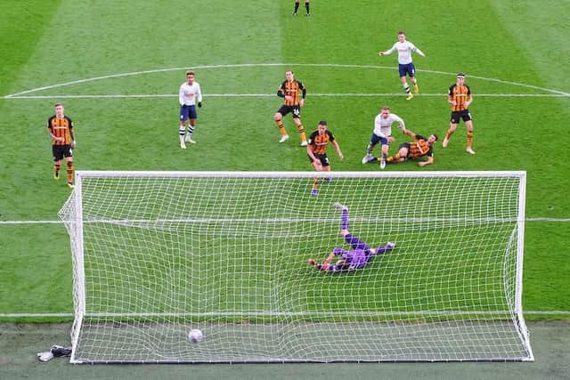 The view from on high as Louis Moult scores Preston's late equaliser in their 1-1 draw at Hull