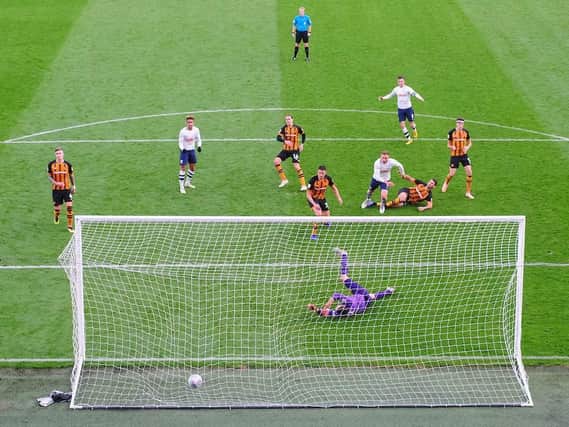The view from on high as Louis Moult scores Preston's late equaliser in their 1-1 draw at Hull