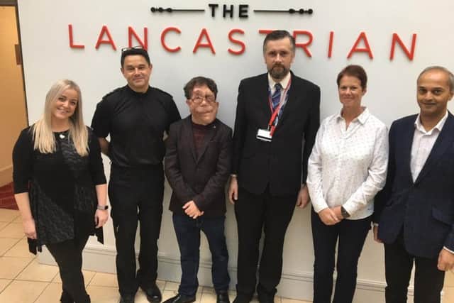 Speakers at the Hate Crime conference - from left to right Julie Naylor of Victim Support, Chief Inspector Ian Mills, Adam Pearson, conference organiser Peter Lamb (Runshaw College), Mel Close of Disability North West and 7/7 survivor Sudhesh Dahad.