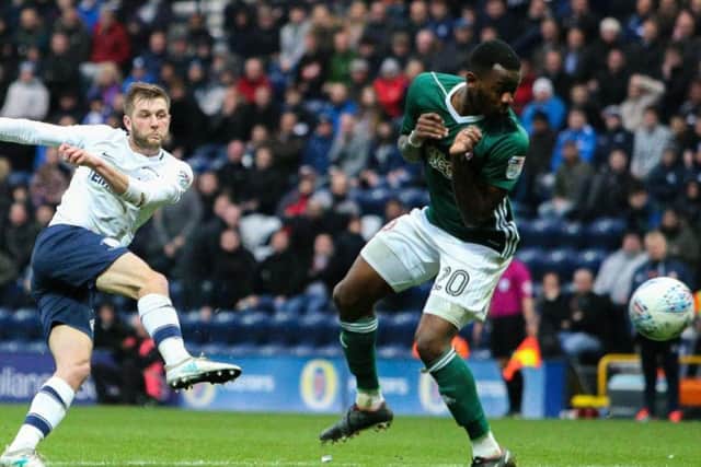 Tom Barkhuizen scores against Brentford during the game at Deepdale last season
