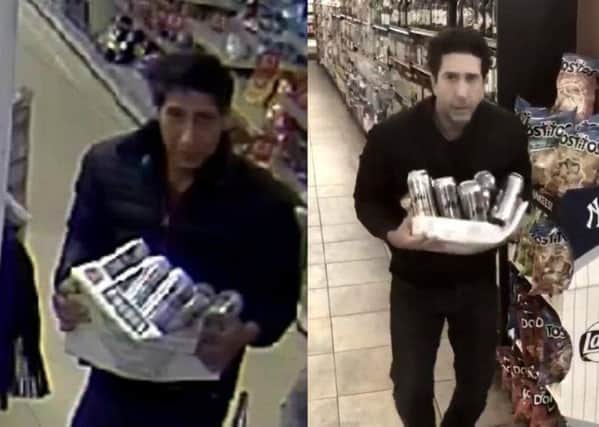 The wanted man (left) is said to look like Friends actor David Schwimmer, who parodied the CCTV image (right)