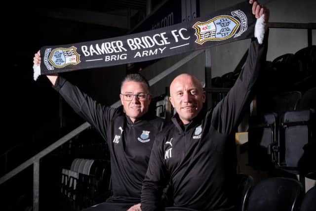 New Bamber Bridge boss Micky Taylor (right) with assistant Neil Crowe (photo: Ruth Hornby)