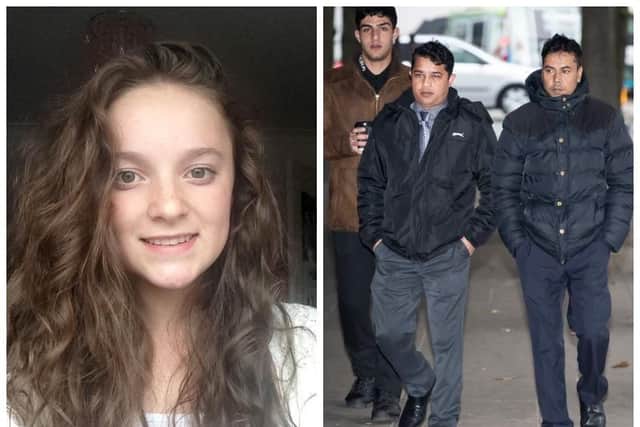 Pictured on the left, Megan Lee. Pictured right, Harun Rashid (left) and Mohammed Kuddus arriving at Manchester Crown Court.