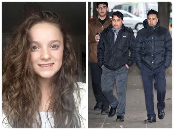 Pictured on the left, Megan Lee. Pictured right, Harun Rashid (left) and Mohammed Kuddus arriving at Manchester Crown Court.