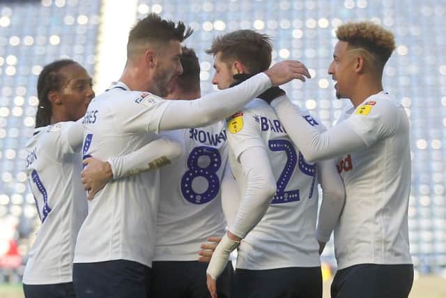 Tom Barkhuizen is congratulated on opening the scoring for Preston North End against Rotherham on Saturday