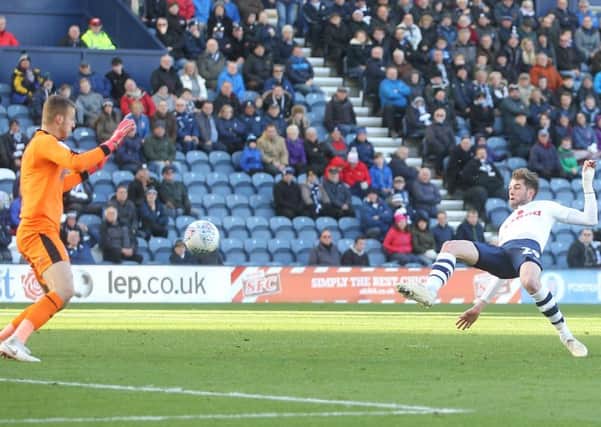 Tom Barkhuizen tries to beat Rotherham United keeper Marek Rodak after profiting on an error late in the first half on Saturday