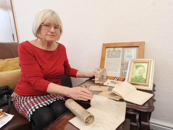Chorley mayor Margaret Lees talks about her grandfather Pvt John Lawrenson who served in WW1. Pictured are Pvt Lawrenson's medals that Margaret wears to official mayorial events to honour her grandad (Photos and video: Johnston Press)