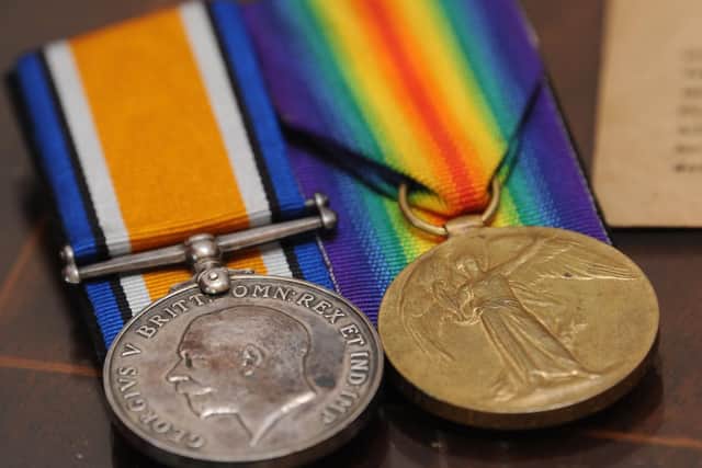 Chorley mayor Margaret Lees talks about her grandfather Pvt John Lawrenson who served in WW1. Pictured are Pvt Lawrenson's medals that Margaret wears to official mayorial events to honour her grandad (Photos and video: Johnston Press)