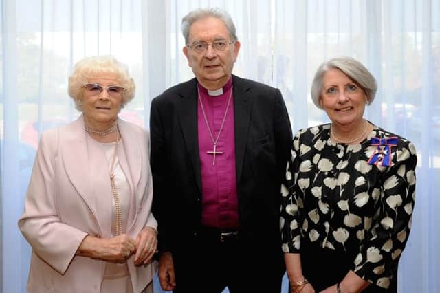 Derain House founder Margaret Vinten with retired Bishop of Blackburn Alan Chesters and the Deputy Lord Lieutenant of Lancashire Diane Duke
