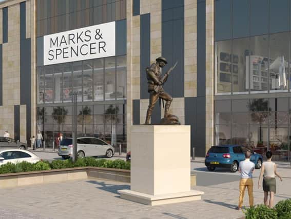 A CGI image of the renovated Chorley Pals Memorial outside the Market Walk redevelopment
