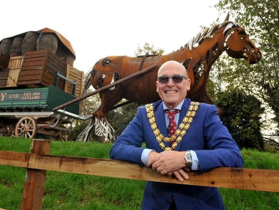Pictured: Leyland gateway feature Bobby the Iron Horse with ex-Mayor of South Ribble, Coun Mick Titherington