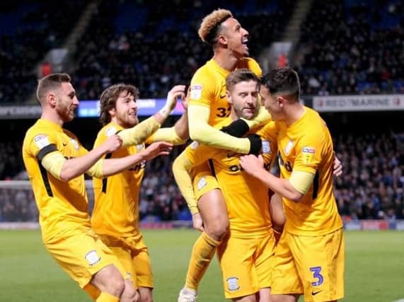 Paul Gallagher is congratulated after scoring PNE's equaliser against Ipswich